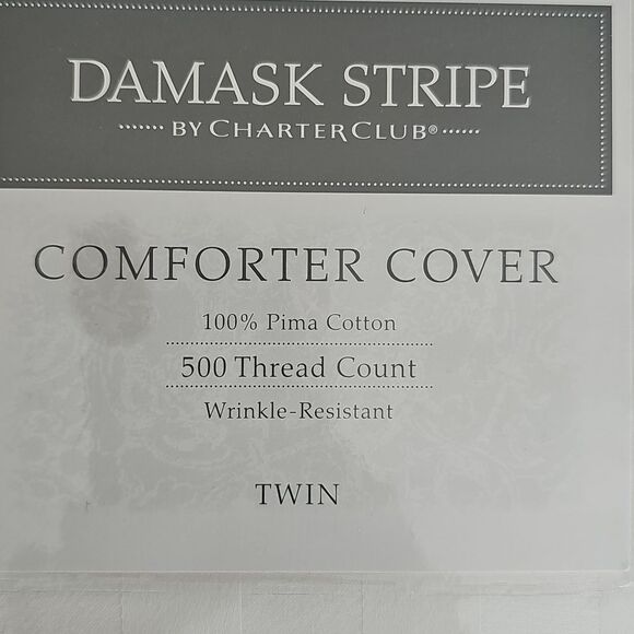 NWT Damask Stripe By Charter Club Comforter Cover, White, Size Twin - Picture 2 of 4